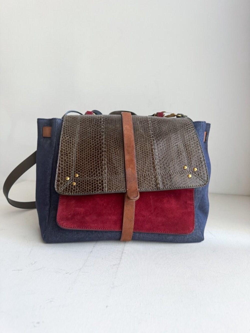 JEROME DREYFUSS Edouard handbag shoulder hand bag Suede Denim Snakeskin - Picture 3 of 8